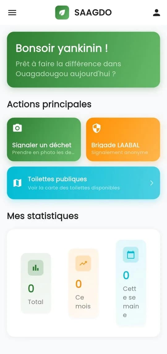 Application mobile SAAGDO : accueil avec « Signaler un déchet », « Brigade LAABAL » et la carte des toilettes publiques