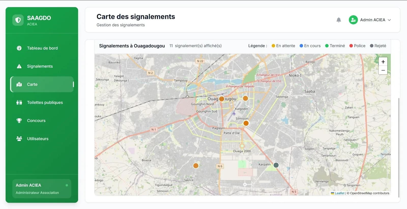 Plateforme de gestion SAAGDO : carte des signalements à Ouagadougou, avec leur statut (en attente, en cours, terminé, police, rejeté)
